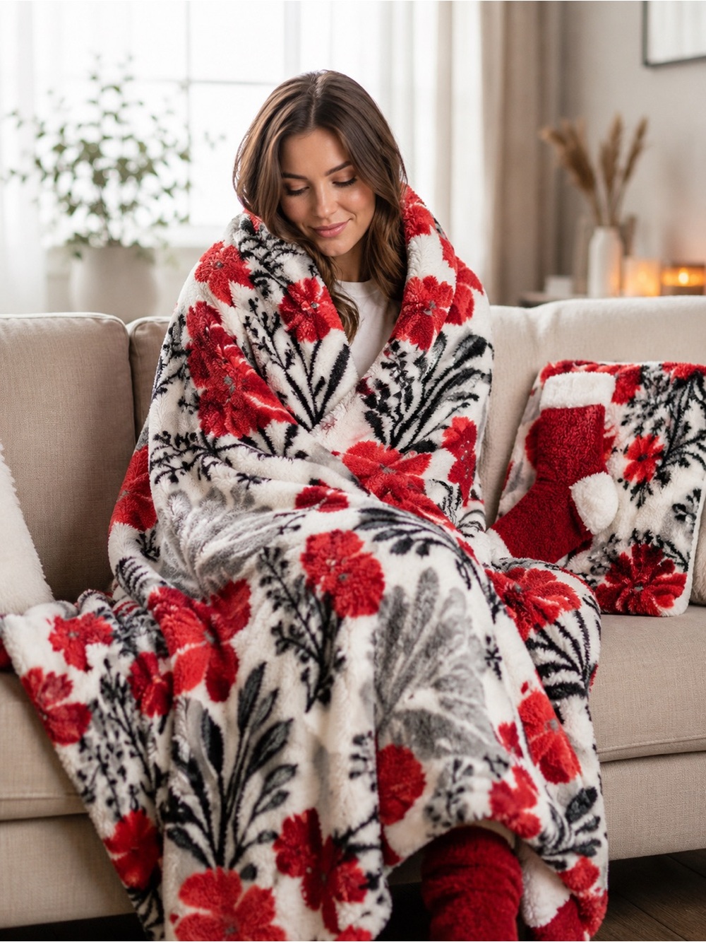 Cozy Red/Gray/Black Throw Blanket and Sock Set NWT